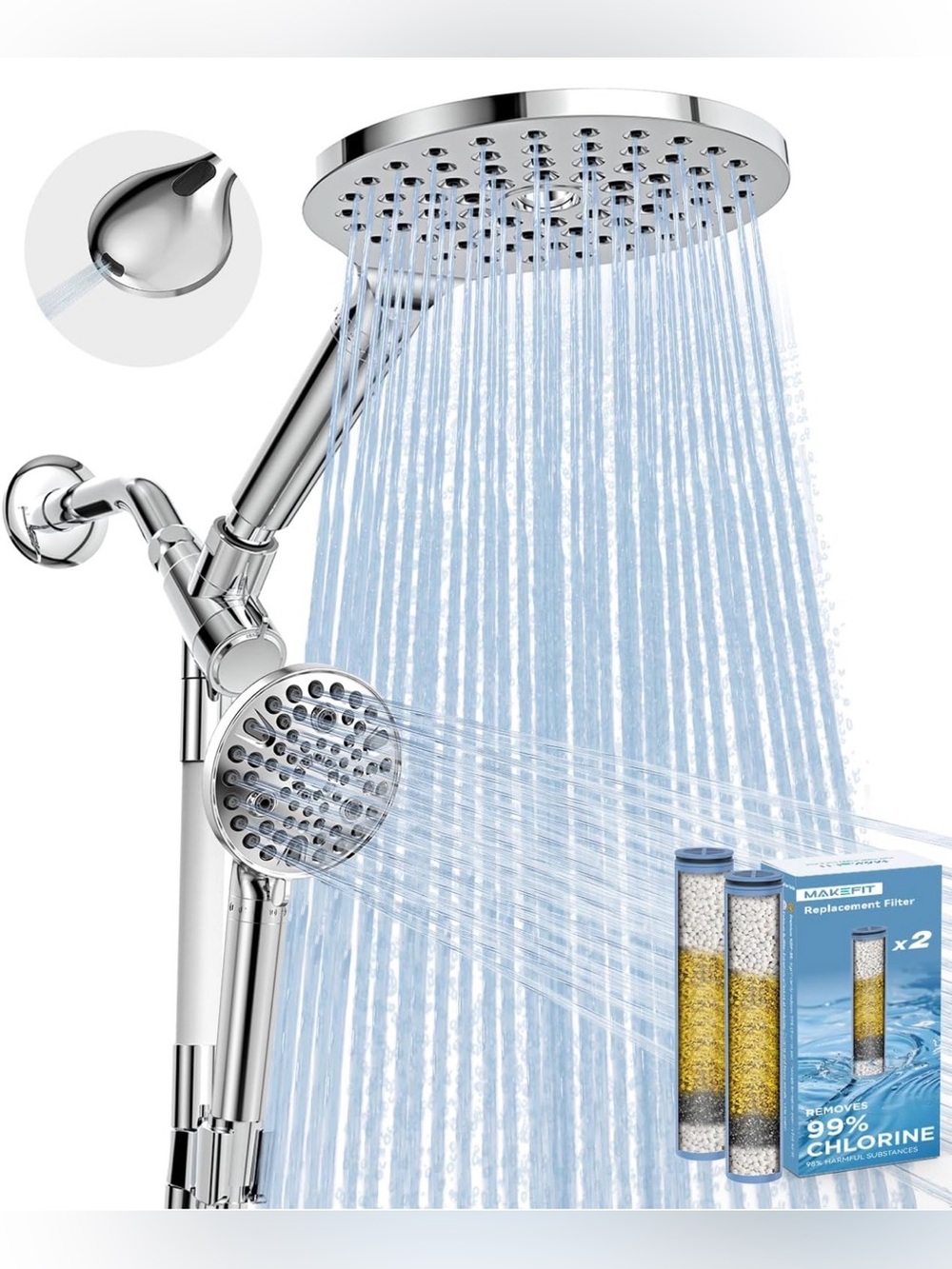 Dual Filtered Rain Shower Head Combo, Handheld Shower Head with Adjustable Bar -